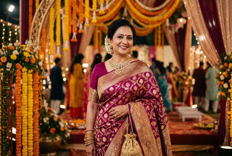 Mother of the bride in a regal Banarasi silk saree in teal