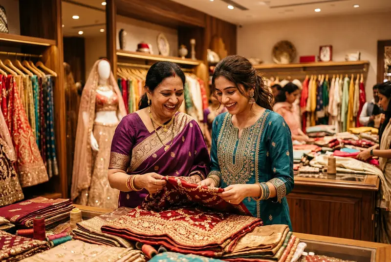 Indian mother and bride shopping together at a boutique