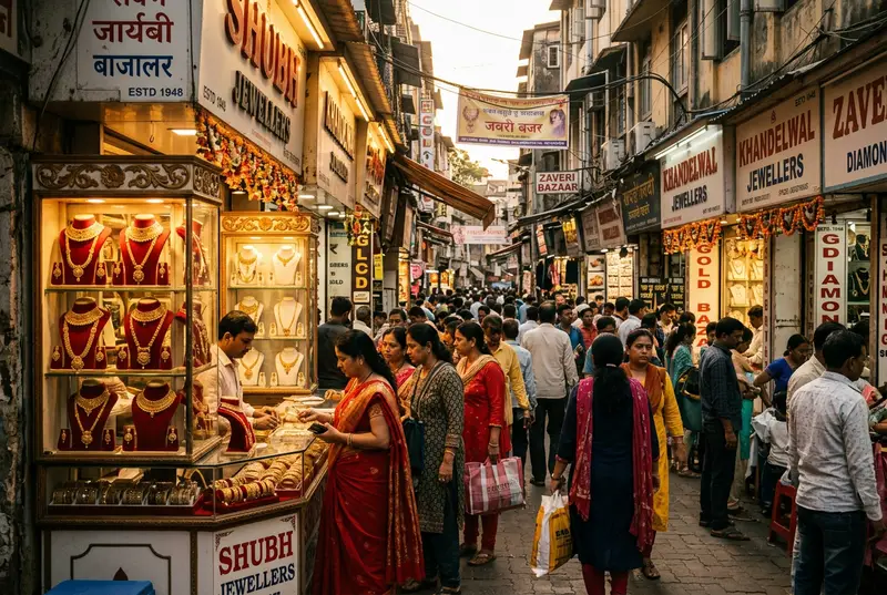 Mumbai Zaveri Bazaar gold jewelry market with traditional shops