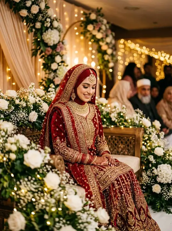 Muslim bride in red and gold embroidered sharara with hijab dupatta at nikah ceremony - styled by StyleBuddy Weddings