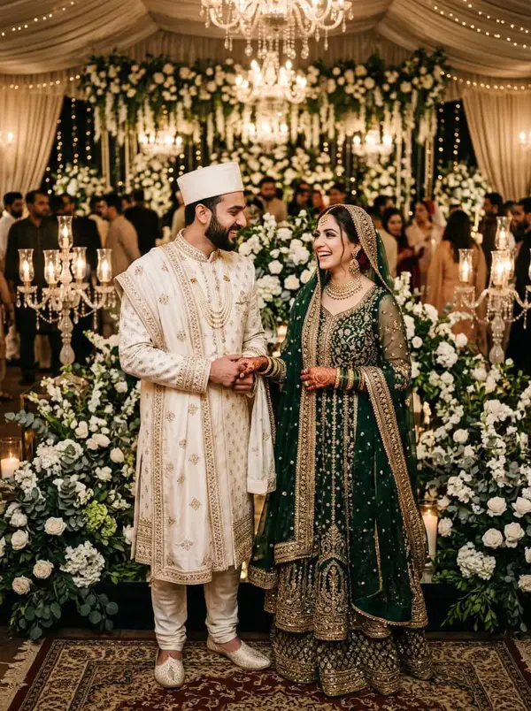 Muslim couple at walima reception - groom in ivory sherwani and bride in deep green anarkali with gold embroidery - styled by StyleBuddy