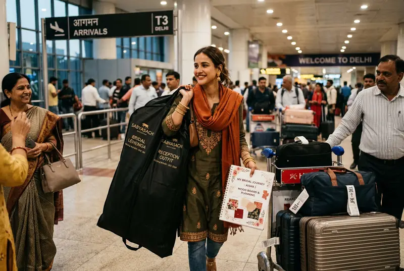 NRI bride arriving at airport with luggage ready for wedding shopping trip in India