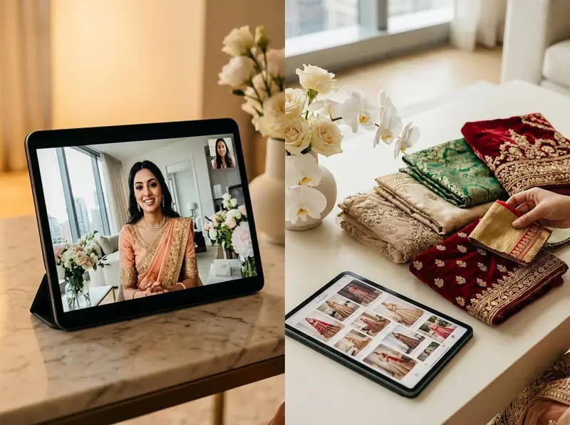 NRI bride reviewing wedding outfit remotely on video call