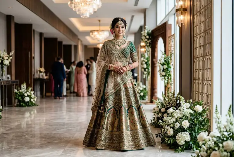 NRI bride styled in traditional red bridal lehenga at destination wedding