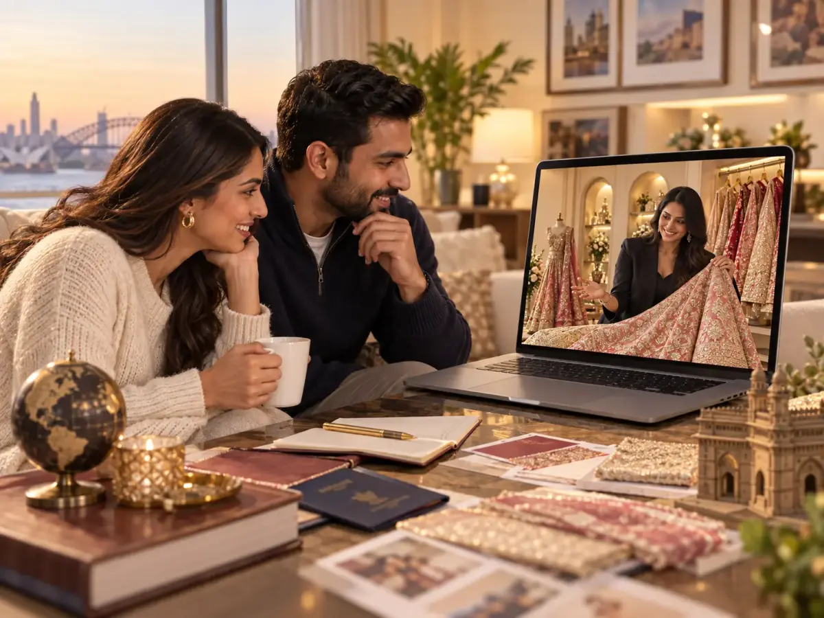 Overseas Indian couple planning wedding shopping in India through a video consultation with a stylist