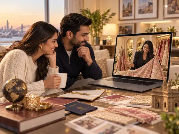 Overseas Indian couple planning wedding shopping in India through a video consultation with a stylist