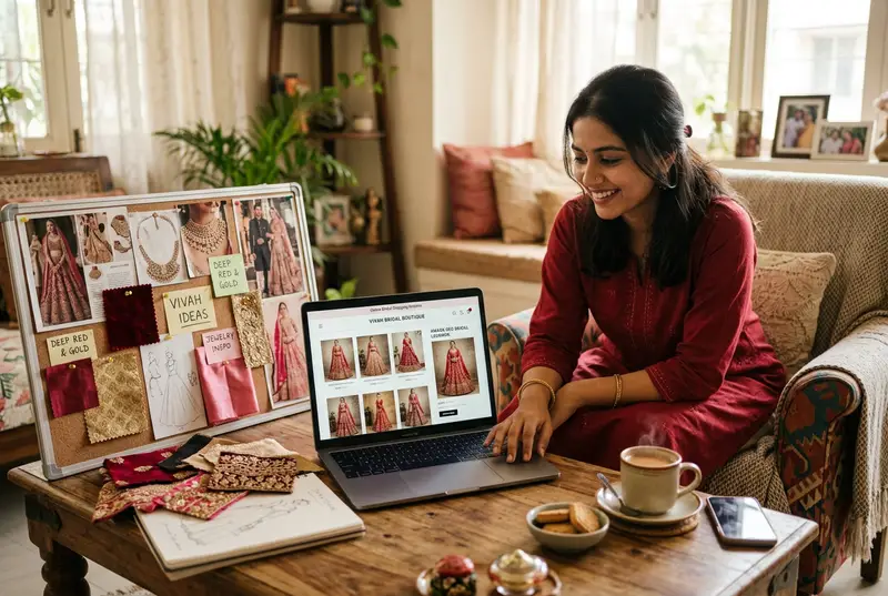 Woman browsing bridal outfits on laptop for online wedding shopping