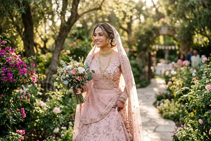 Indian bride in a pastel pink lehenga at an outdoor wedding