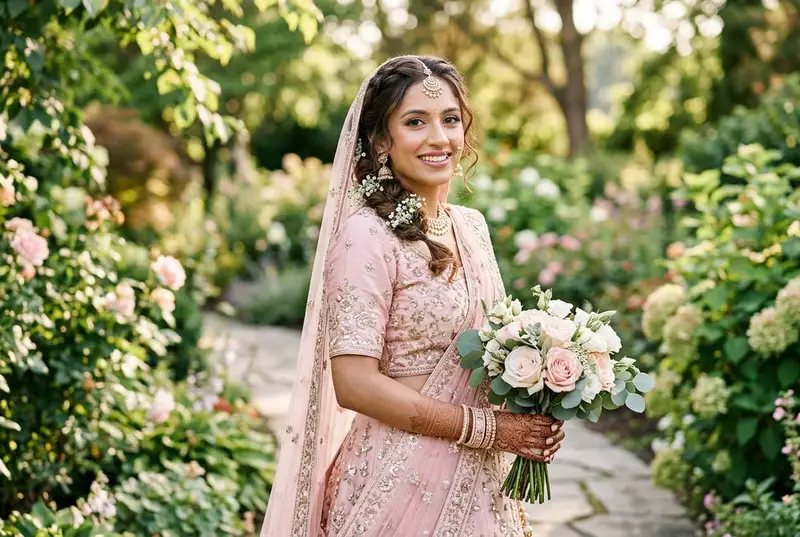 Indian bride in pastel pink lehenga with soft dewy makeup