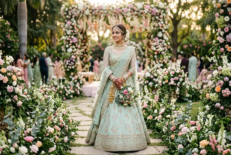 Bride in a dreamy pastel blush pink lehenga at an outdoor garden wedding