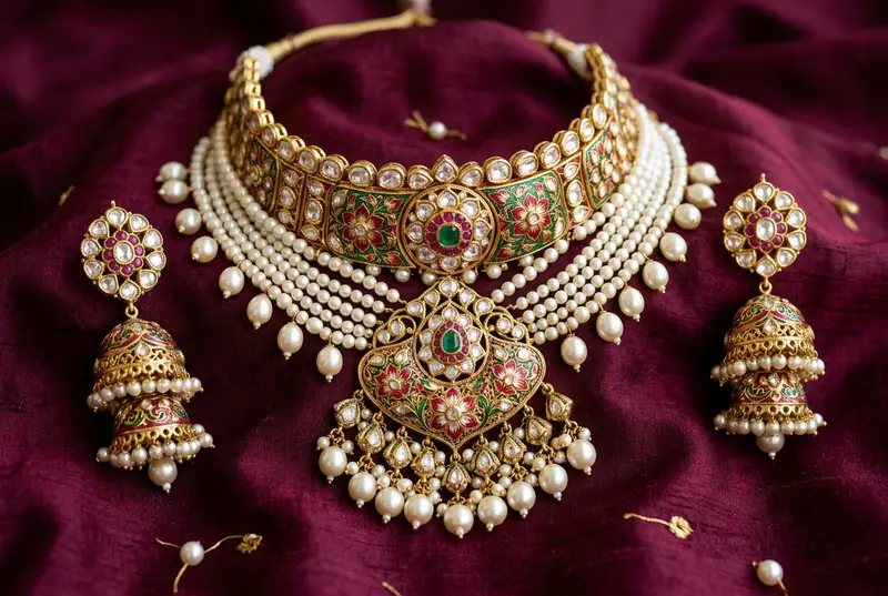 Indian bride wearing pearl and jadau necklace with pastel lehenga