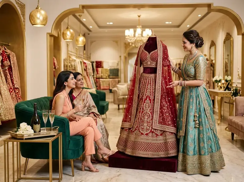 Personal shopper helping bride pick lehenga in boutique