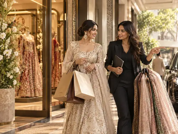 Personal wedding shopper accompanying a client during an Indian wedding shopping day
