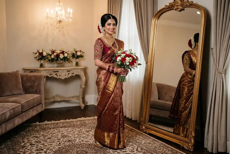 Petite bride in a lightweight saree showing how draping flatters her figure