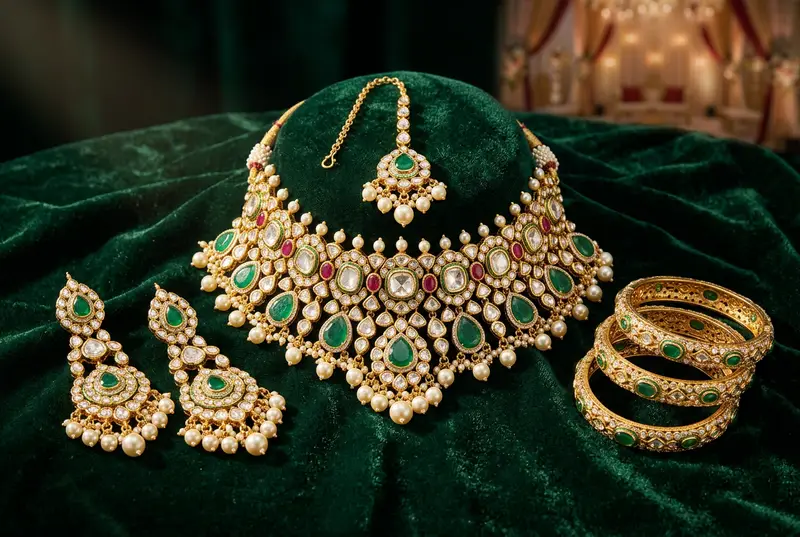 Flat lay of polki kundan bridal jewelry set on velvet