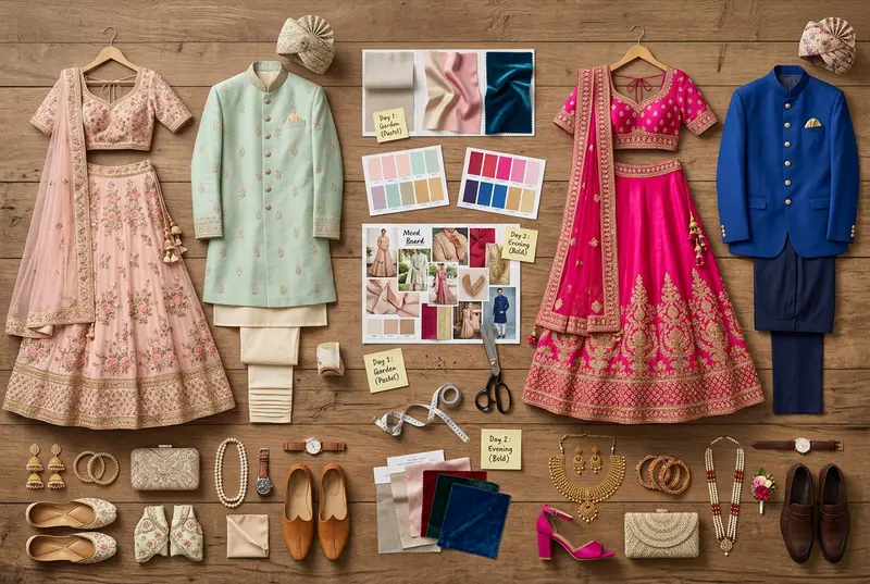 Pre-wedding photoshoot outfit options laid out for selection