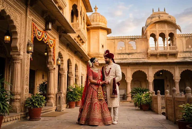 Couple at Rajasthan palace during golden hour