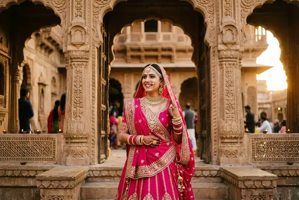 Rajasthani bridal lehenga styling — vibrant pink lehenga with emerald jewelry