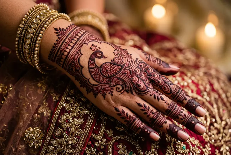 Elaborate Rajasthani mehendi with peacock and mandala extending to forearm