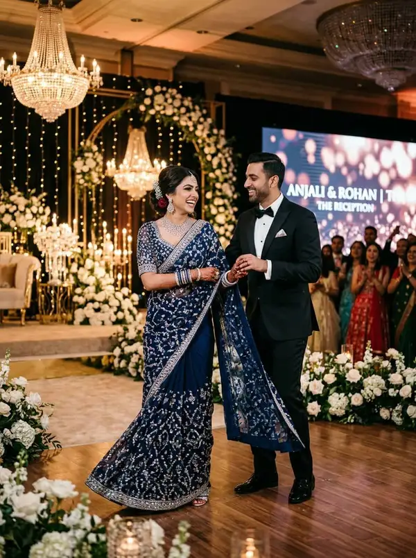 Couple dancing at grand reception - bride in navy designer saree, groom in black tuxedo under crystal chandeliers - styled by StyleBuddy