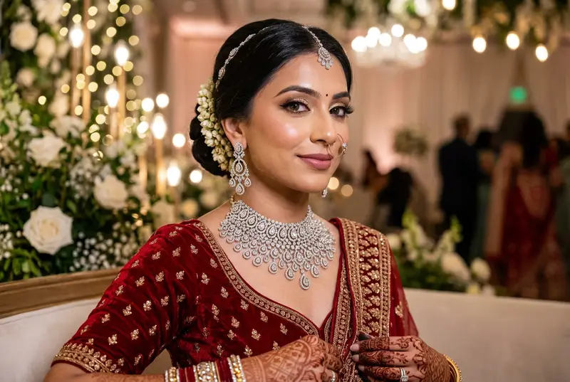Indian bride at reception wearing diamond and statement jewelry