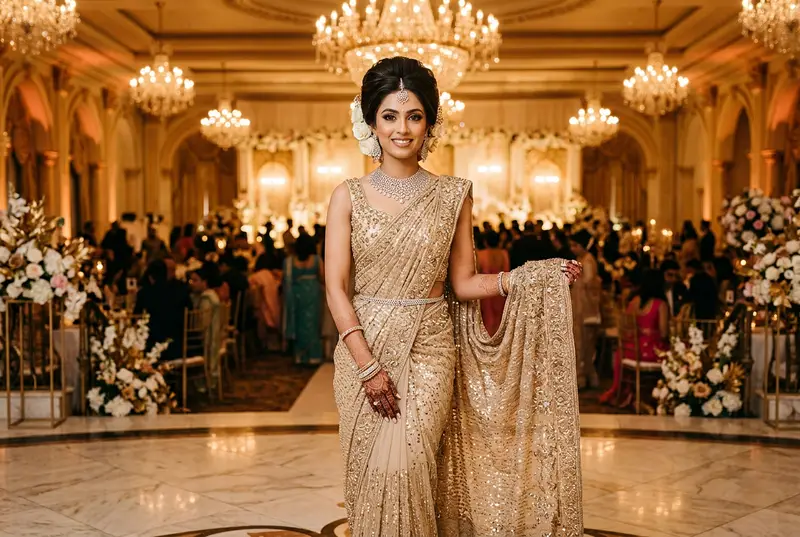 Stunning Indian bride in a glamorous reception outfit at an evening venue