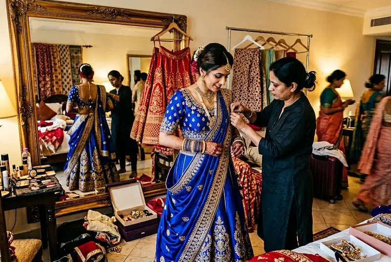 Bride changing outfit for reception with help from her dresser