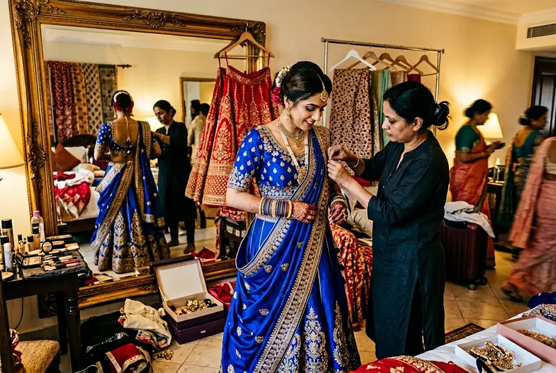 Bride changing outfit for reception with help from her dresser