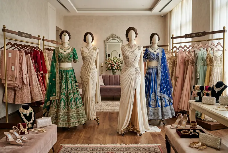 Wedding reception outfit options displayed in elegant boutique