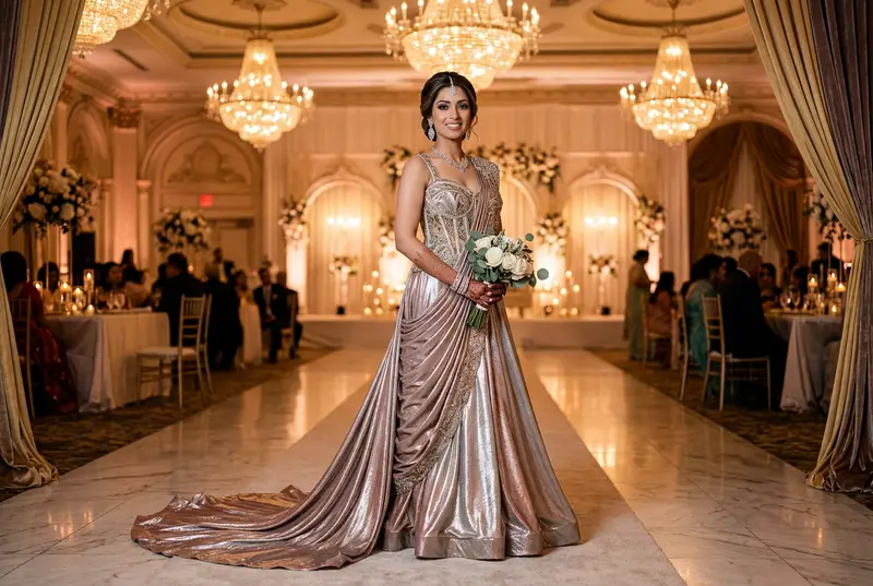 Indian bride in a modern cocktail saree gown in emerald green