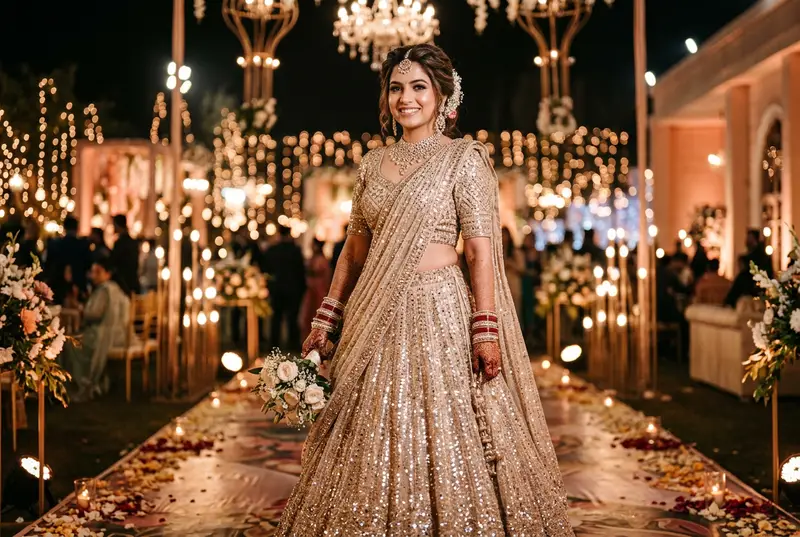 Indian bride in a glamorous silver sequin lehenga at a ballroom reception