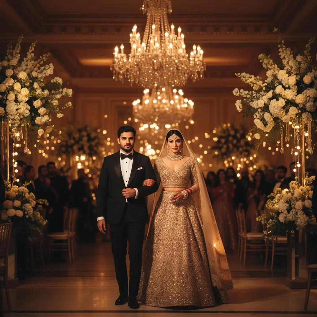 Wedding reception outfit styling India - couple in glamorous evening reception outfits