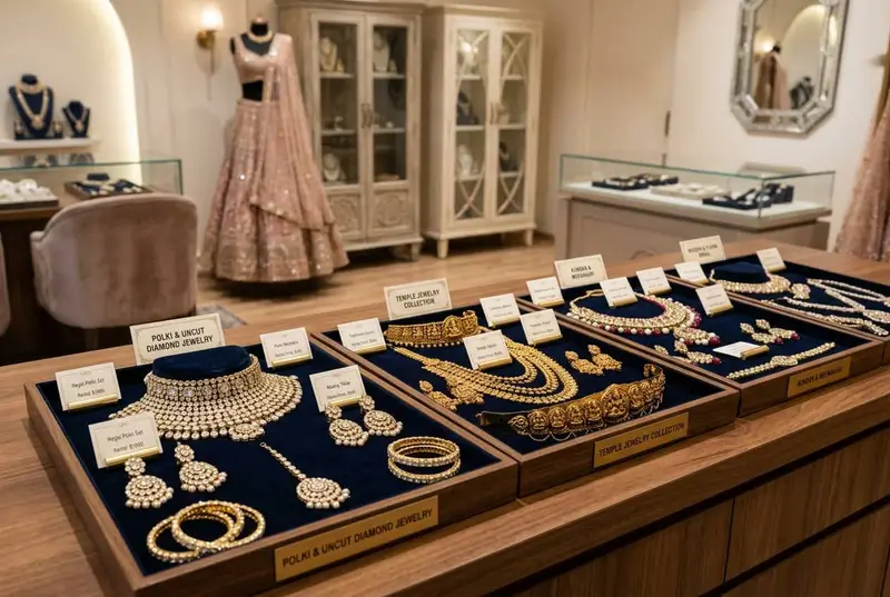 Rental bridal jewelry collection in elegant boxes with heavy kundan and polki sets