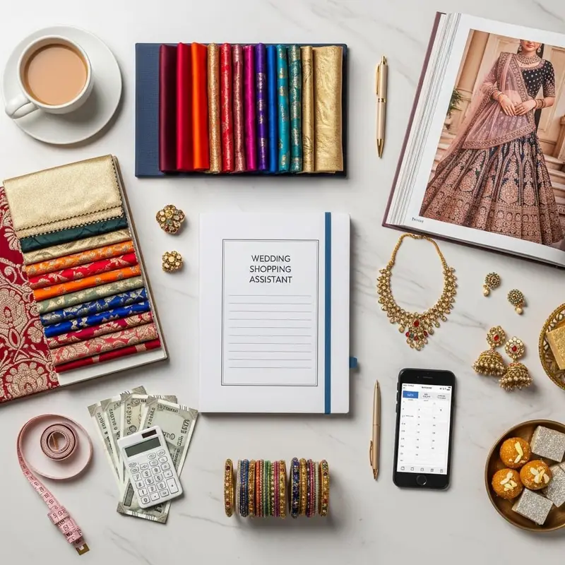 Wedding shopping assistant flatlay with fabrics, jewelry, calculator and bridal accessories