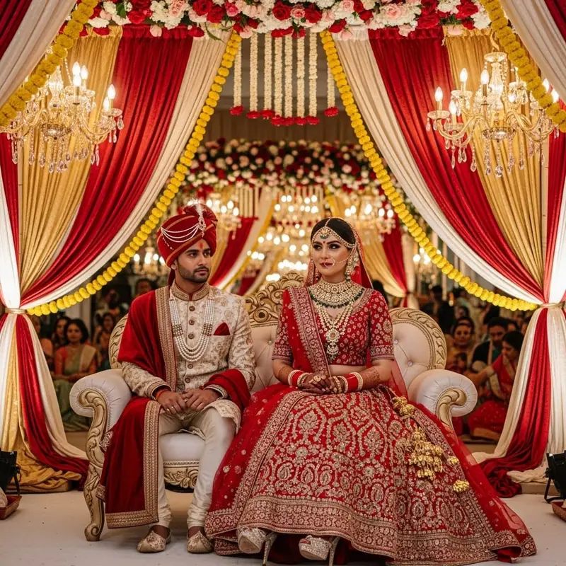 Styled Indian wedding couple in coordinated outfits at mandap