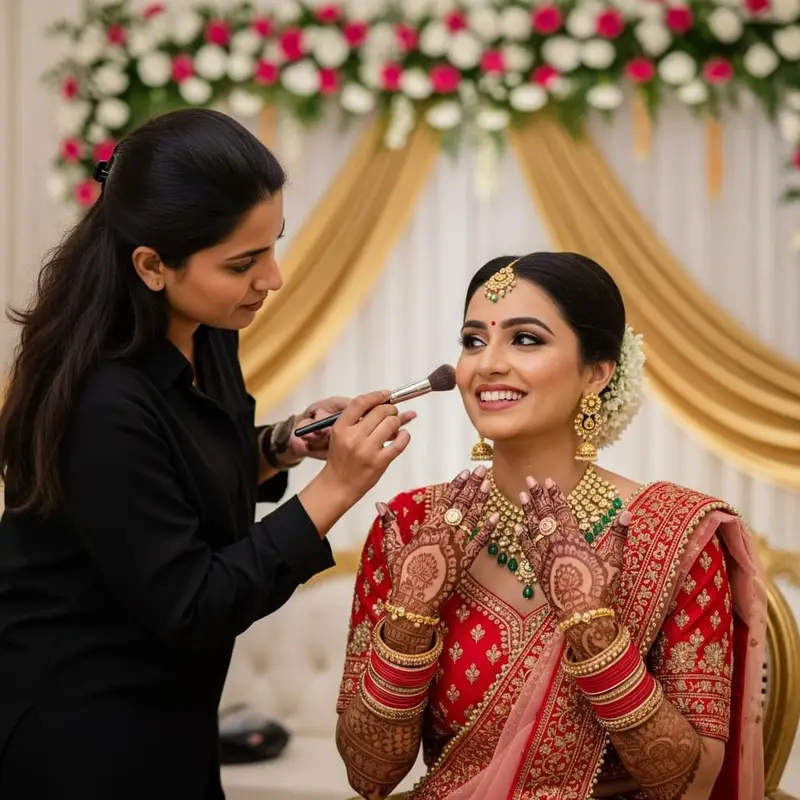 Wedding stylist applying makeup to a bride in red lehenga