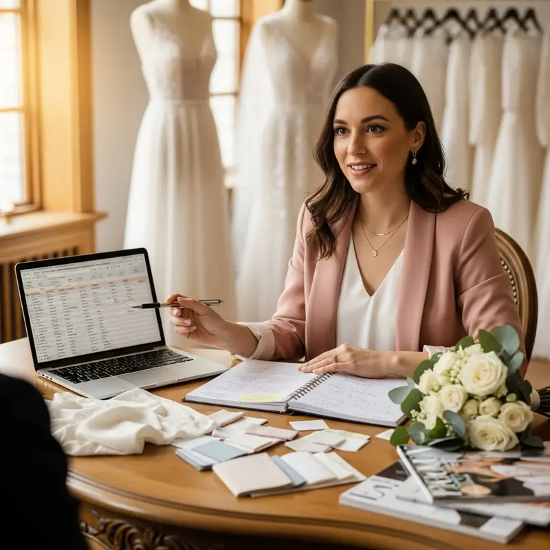 Wedding stylist reviewing budget with bride on laptop
