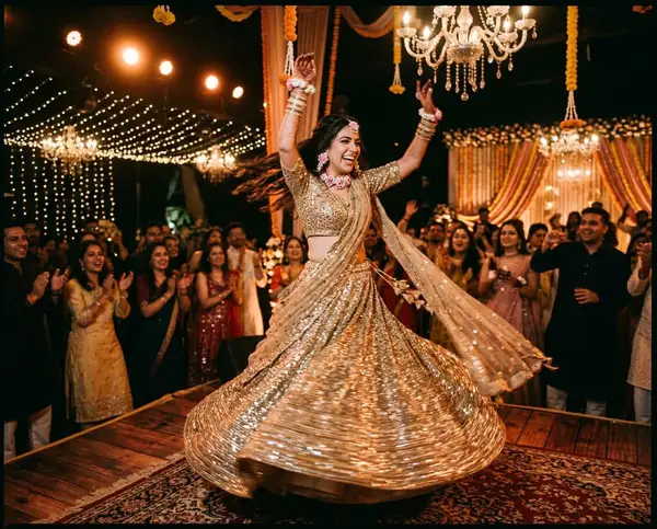 Bride dancing in shimmering gold sequin lehenga at sangeet night under fairy lights - styled by StyleBuddy