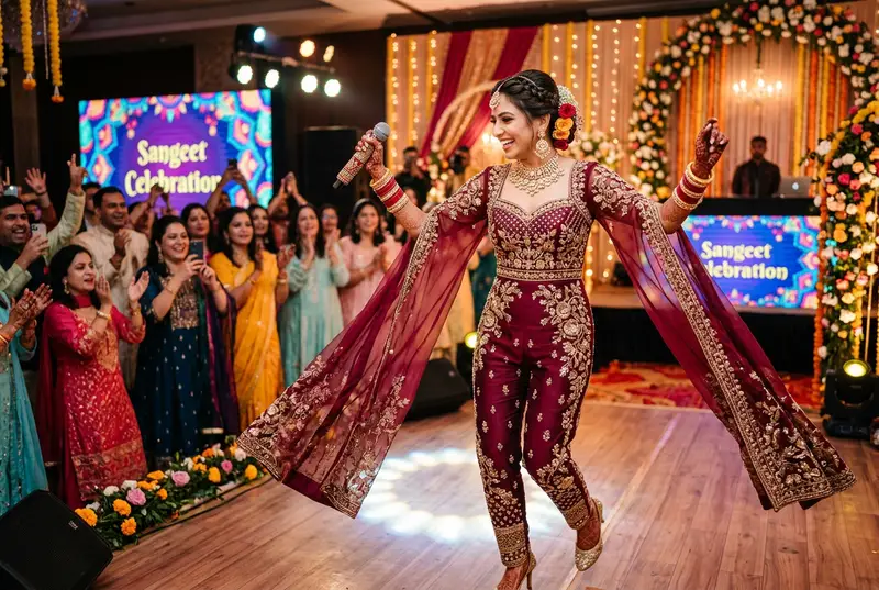 Bride in a midnight blue Indo-western jumpsuit with cape at sangeet
