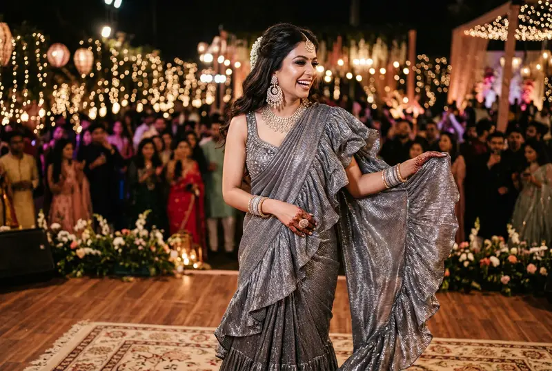 Bride wearing a flowy ruffle organza saree at sangeet