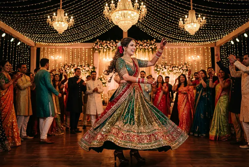 Bride in gold sequin lehenga dancing at sangeet night