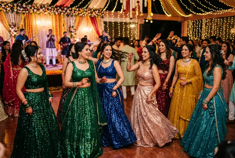 Bridesmaids in coordinated pink outfits at sangeet night