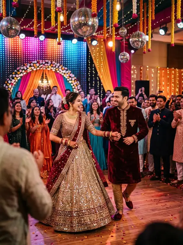 Couple dancing at sangeet night in maroon and gold outfits under disco lights and colorful drapes - styled by StyleBuddy