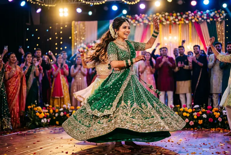 Sangeet night outfit with sequin details and stage lighting