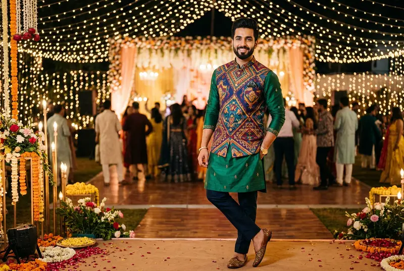 Groom in a printed silk nehru jacket at sangeet