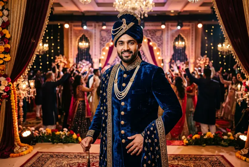 Groom wearing a navy velvet bandhgala at sangeet ceremony
