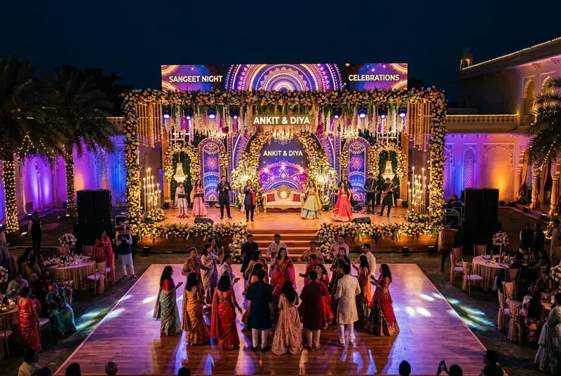 Sangeet night stage with colourful lights and decorations