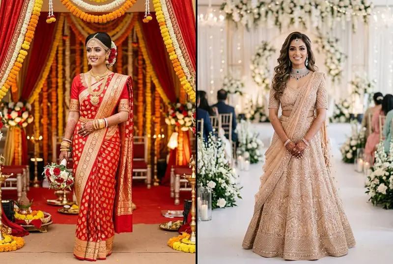 Side by side comparison of bride in lehenga and bride in saree
