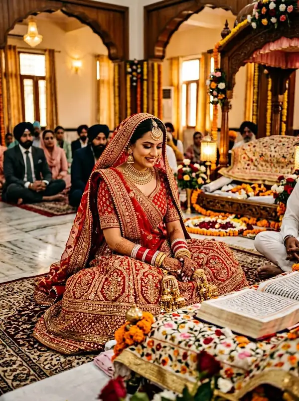 Sikh bride in red and gold phulkari lehenga with choora bangles at Anand Karaj ceremony - styled by StyleBuddy Weddings