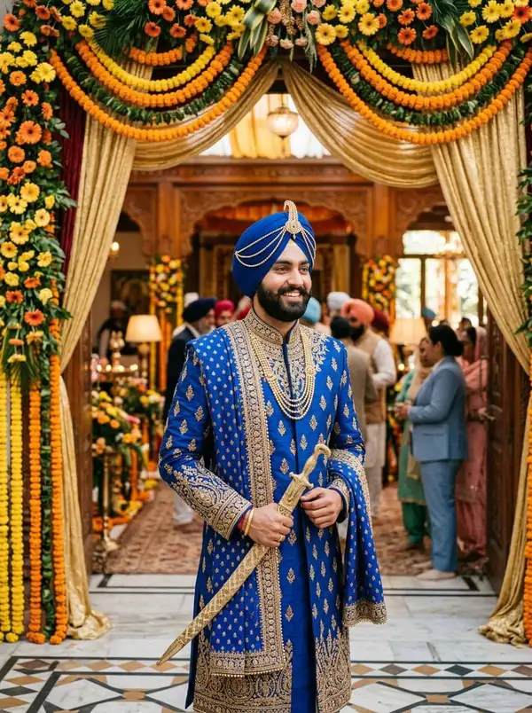 Sikh groom in royal blue sherwani with gold turban and kalgi at Gurudwara entrance - styled by StyleBuddy Weddings